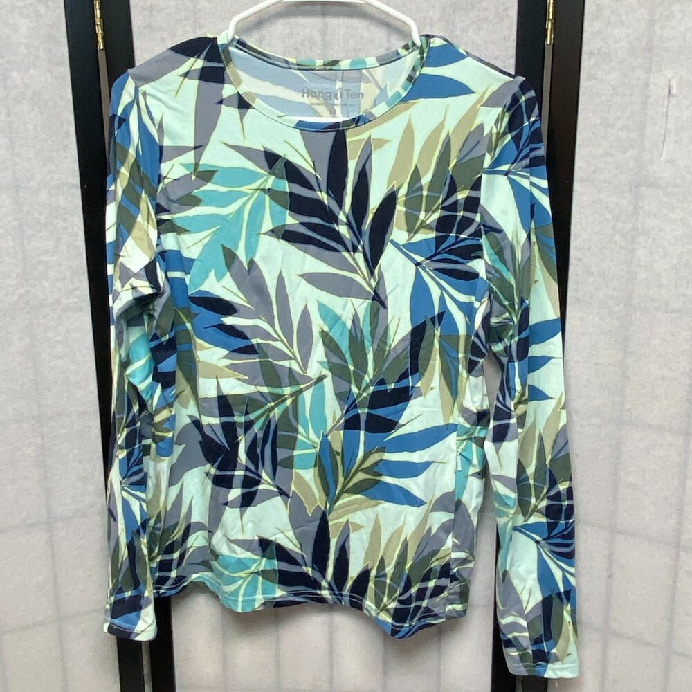 Hang Ten Palm Frond Tropical Foliage UV Protection Tee Rash Guard M Long Sleeve